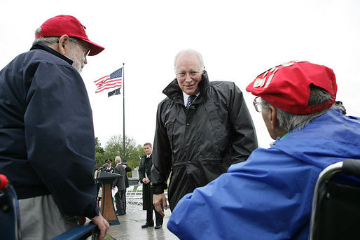 Vice President Dick Cheney talks with veterans of the 526th Armored Infantry Battalion Friday, Oct. 7, 2005, after delivering remarks during a wreath-laying ceremony at the National World War II Memorial in Washington D.C. ".You served honorably in a desperate era for our country. And in pivotal hours of the Second World War, the 526th Armored Infantry Battalion was a valiant unit.One of the great strengths of this country is the unselfish courage of the citizen who steps forward, puts on the uniform, and stands ready to go directly into the face of danger," said the Vice President during his remarks. The ceremony was in honor of the 526th Armored Infantry Battalion which is the sole remaining, separate armored infantry battalion from World War II, whose soldiers defended the Belgian villages of Stavelot and Malmedy on December 16, 1944, the first day of the Battle of the Bulge. White House photo by David Bohrer